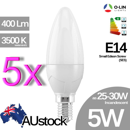 5x O-Lin 5W C35 Candle LED Bulb E14 Small Edison Screw (SES) 400Lm 2700-3500K Warm White Equivalent 25W Incandescent