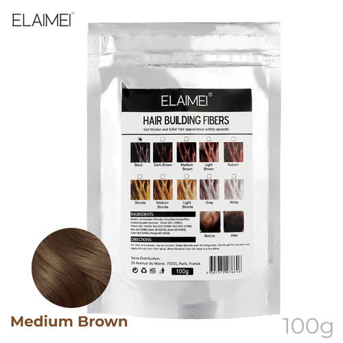 ELAIMEI Hair Loss Building Fibers 100g Alopecia Keratin Thicker Concealer Fiber Medium Brown Refill Bag