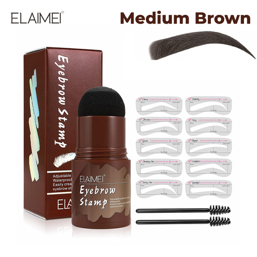 Elaimei Eyebrow Stamp Kit Shaping Makeup Powder Stencil Set One Step Waterproof Natural Perfect Shape Brow MEDIUM BROWN