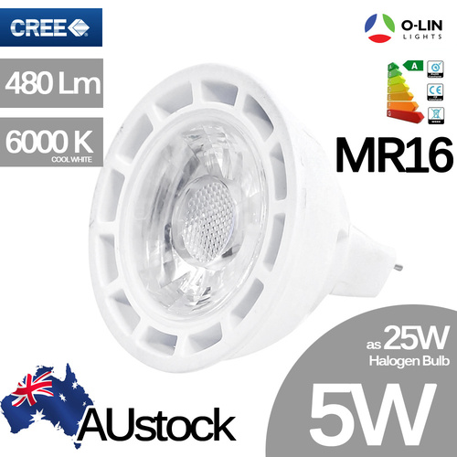 2x O-Lin 5W MR16 GU5.3 LED Spotlight Bulb, Non-dimmable, 50x50mm, 480Lm, 6000K (Cool White), Equivalent to 25W Halogen, Cree LED Chip, up to 50,000h U